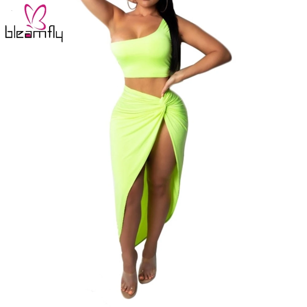 Летний неоновый зеленый Женский комплект 2 шт. сексуальный укороченный топ без