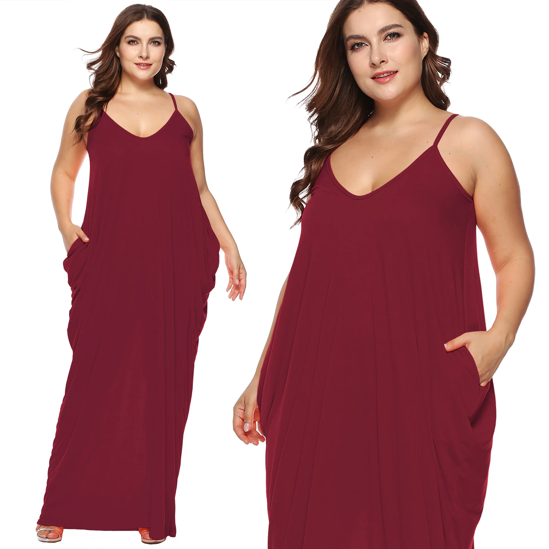 

Fashion Summer Dress New Style Sexy Loose Knit Camisole Solid Color Pocket Spot Plus Size Womens Clothing Longue Dress