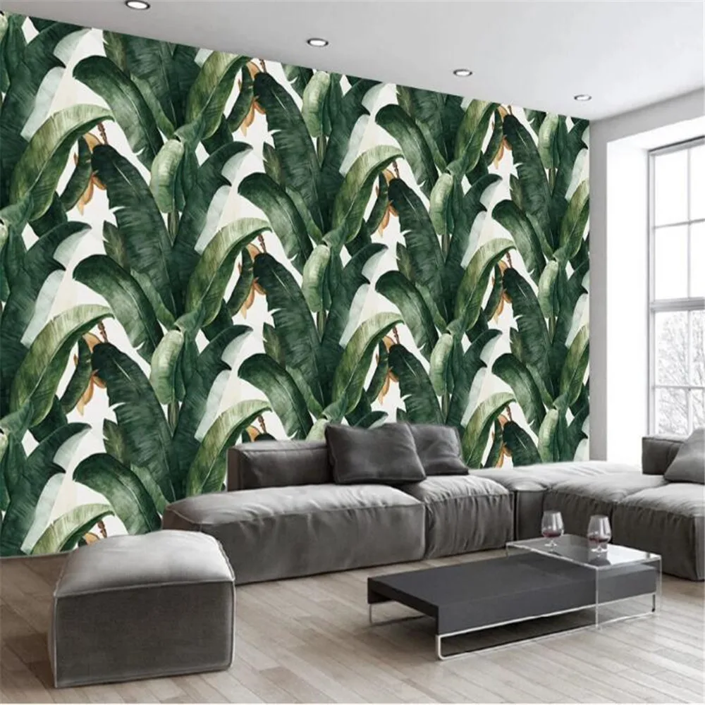 

Milofi custom large mural large mural retro European hand-painted rainforest banana leaf plant living room background wall