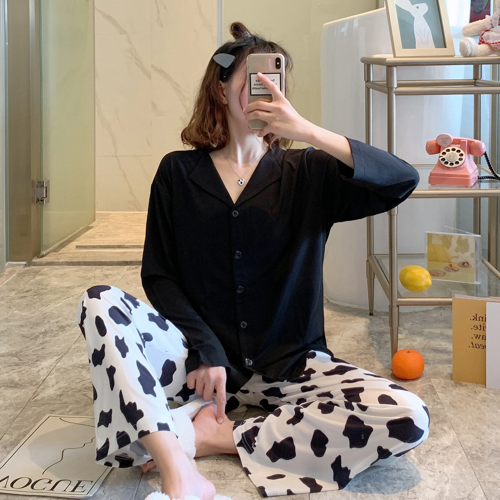 

2021 New Ins Pajamas Girl Spring And Autumn Long-sleeved Sleepwear Cotton Cardigan Pyjamas Cow Print Home Suit Summer Nightwear
