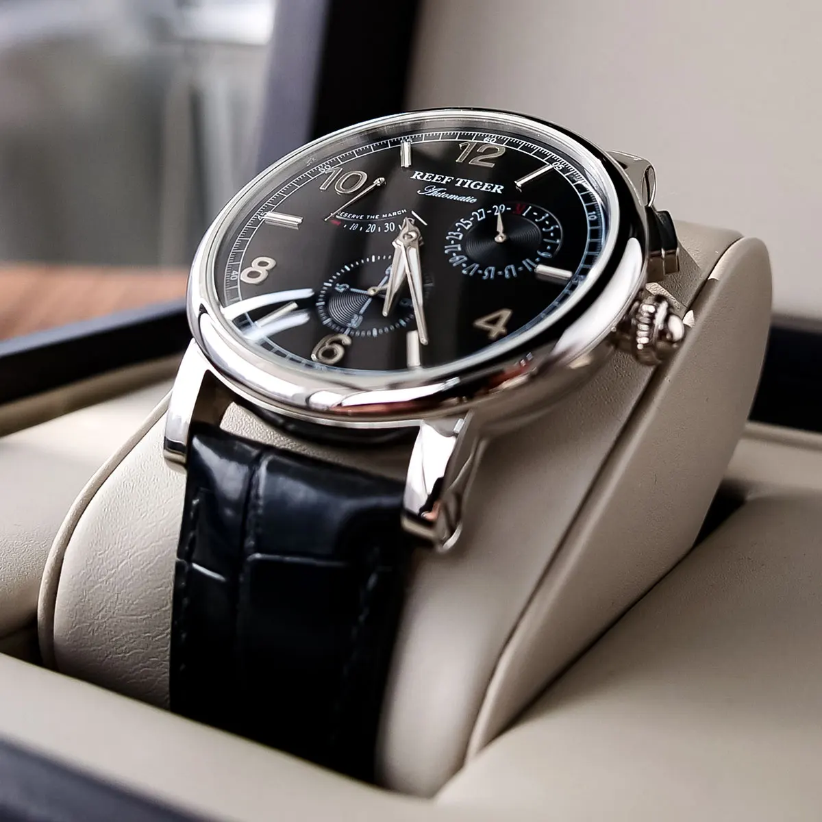 New Reef Tiger/РТ мужские роскошные аналоговые автоматические часы кожаный ремешок
