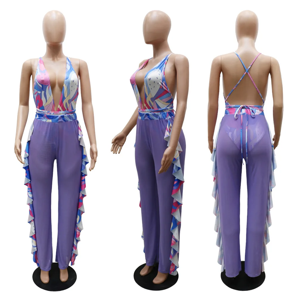 

2 Piece Bikini Sets Women Geometric Pattern One Piece Bodysuit+mesh Ruffles Spliced Straight Pant Swimsuit