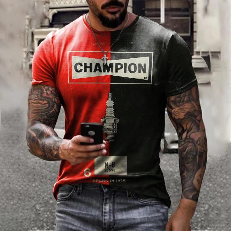 

2021 European and American summer new 3D printing retro spark plug fashion trend men's short-sleeved T-shirt