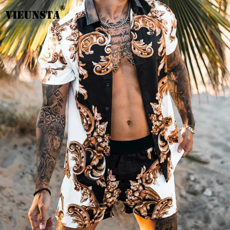 

2021 Summer Printing Men Two Piece Set Spring V-neck Short Sleeve Tops Shirt and Shorts Beach Suit Fashion Male Outfits Harajuku