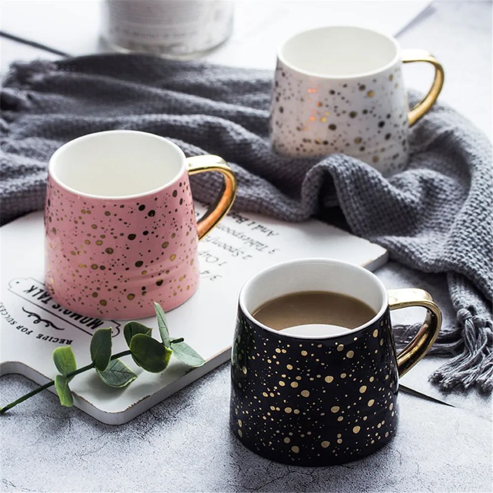 

Gold Plated Glitter Ceramic Mug With Golden Handle Morning Milk Coffee Tea Cup Black Pink White Couple Gift Household 350ML 1PCS