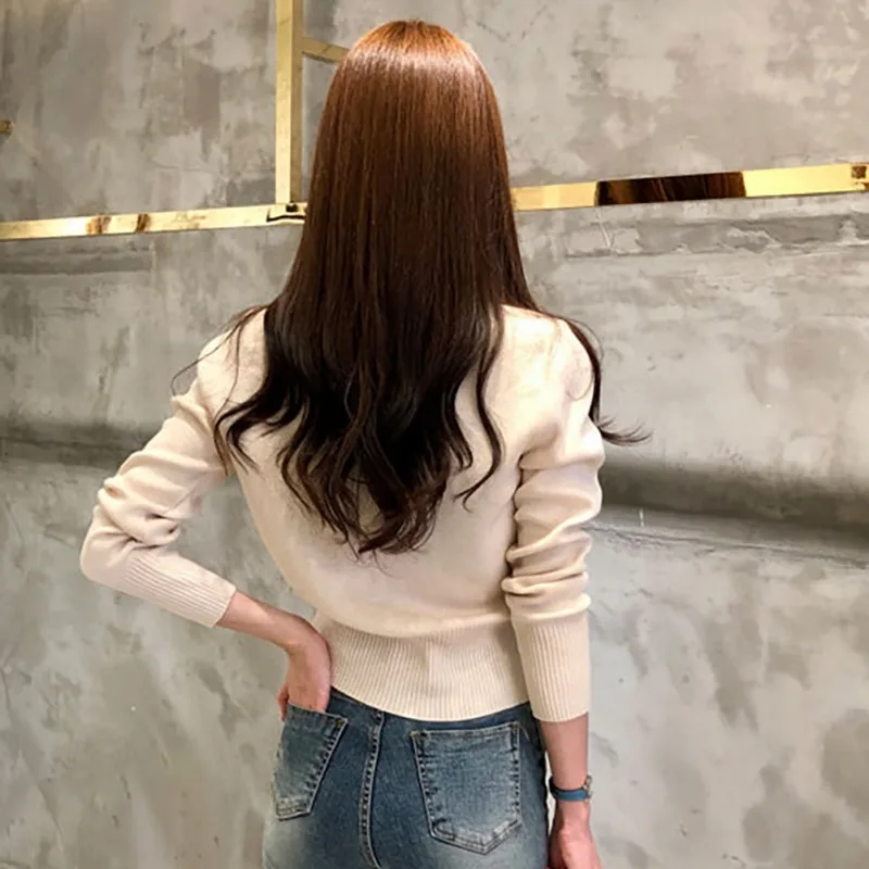 

Solid Color Knit Short Sweater Autumn and Winter Women Single-breasted Long Sleeve Casual Warm Loose Sweater