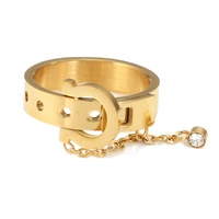 luxury crystal charm belt with chain ring gold color stainless steel finger rings for women men jewelry wedding party gifts