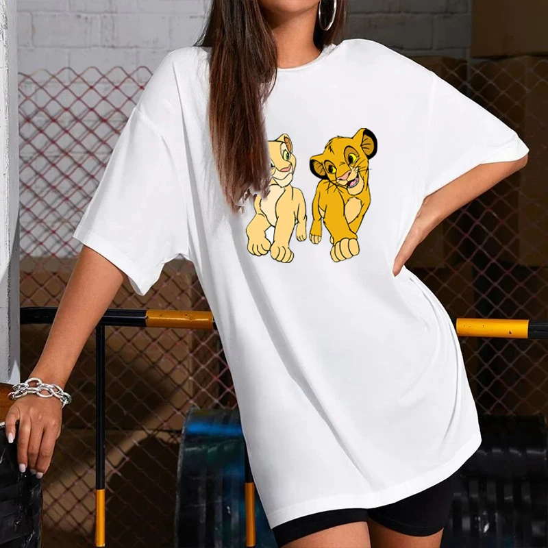 

Tshirt Dresses Casual Women Disney Lion Simba Cartoon Print Dress Short Sleeve Casual Loose Harajuku Robes Summer Vestidos 2021
