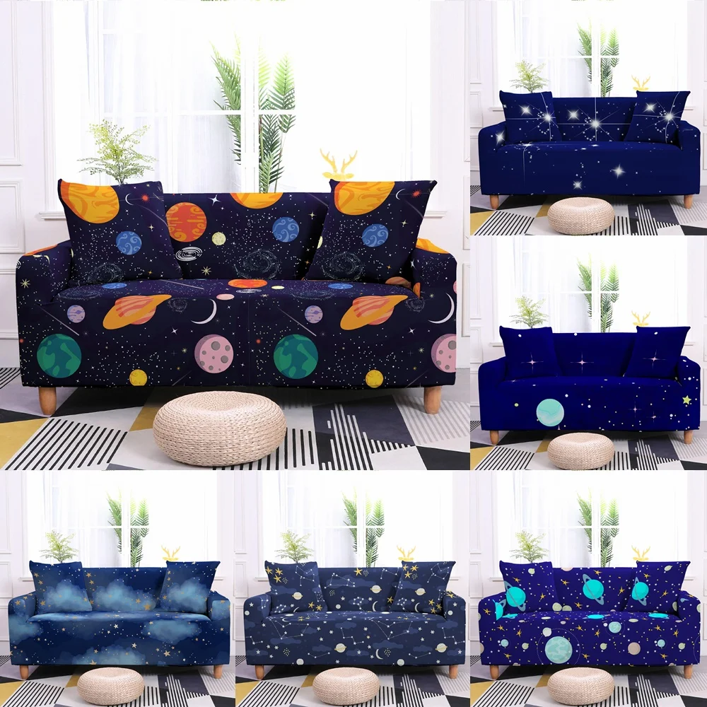 

Blue Starry Sky Sofa Covers Living Room Sectional Corner Space Planet Elastic Couch Cover L Shape Stars Moon Slipcovers Home New