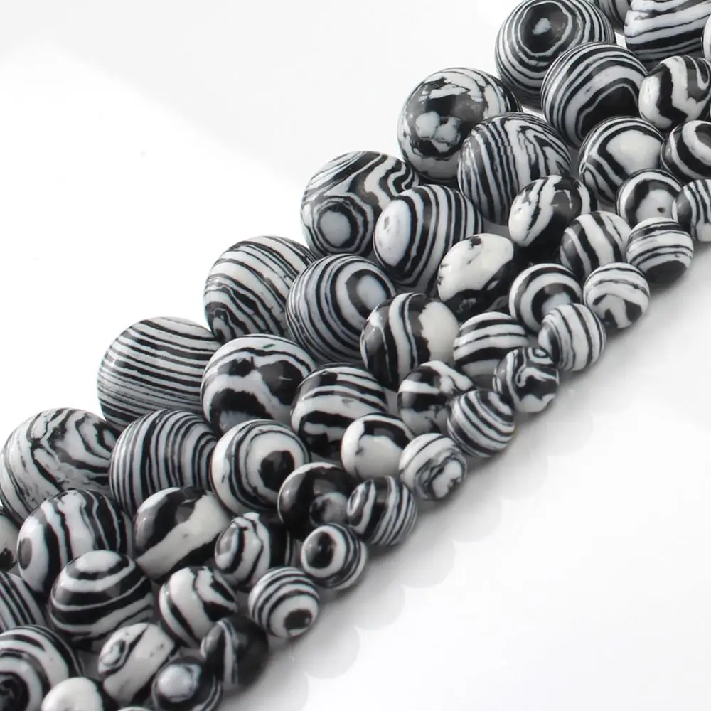 Black White Zebra Striated Malachite Stone Beads Round Loose Spacer For Jewelry Making Diy Bracelet 15 Inch 4 6 8 10 12mm | Украшения и
