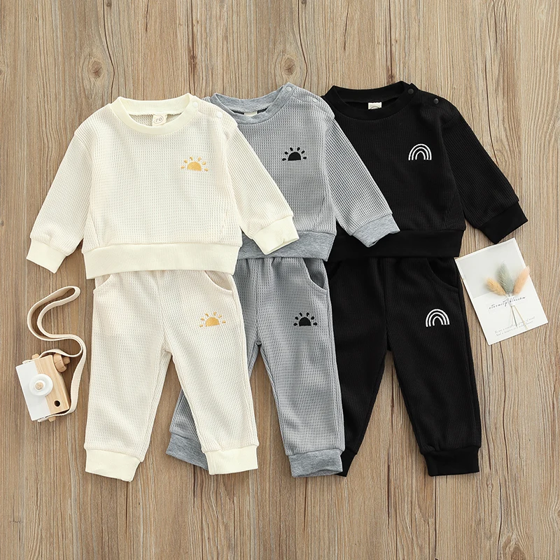 

2021 Baby Boys Tracksuit Sun/Rainbow Print Long Sleeve Tops Casual Pants 2Pcs Outfits Toddler Girls Clothes 3-18 Months