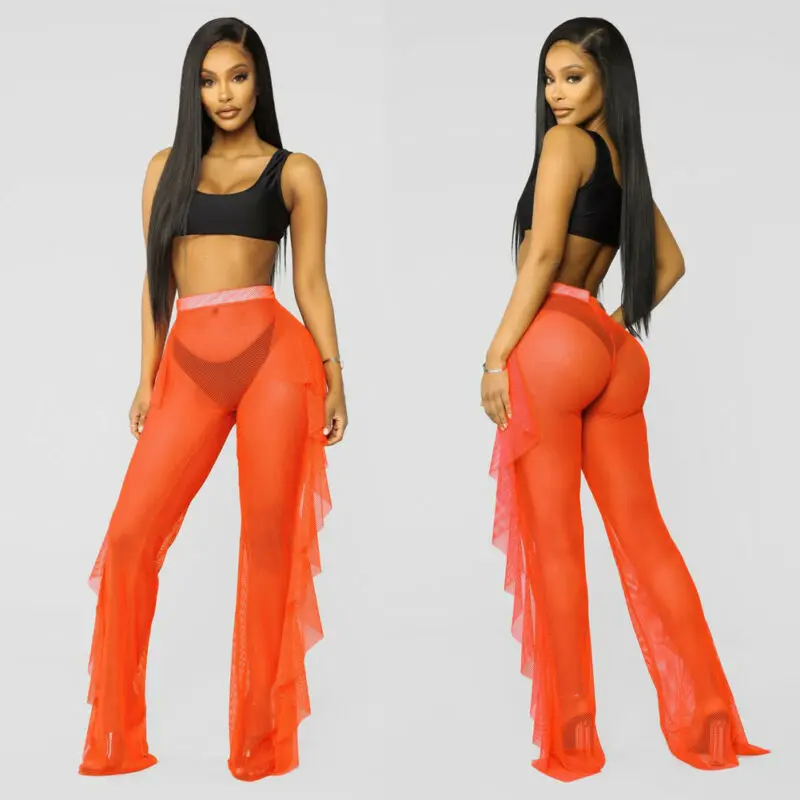 Women Full Length Wide Leg Trousers Party Mesh Sheer Ruffle Beach Cover Up Pants High Waist Flared Palazzo Boho | Женская одежда