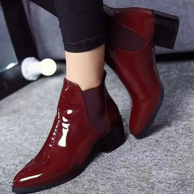 Модные ботильоны для женщин из лакированной кожи пикантные красные ботинки