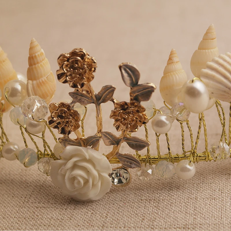 

Vintage Gold Pearl Leaf Bridal Tiara Crystal Crown Hairband Headpiece Tiara Wedding Hair Accessories Bride Headband Conch Shell