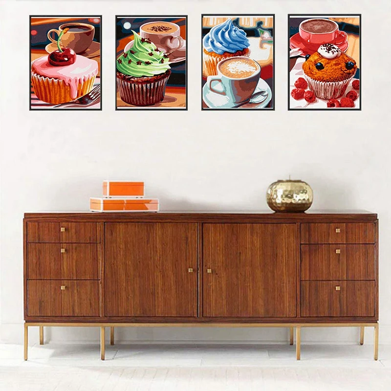 

4PC 5D DIY Diamond Painting Kits Coffee Cupcakes Display Painting Embroidery Art for Coffee Shop Dessert Shop Wall Decor