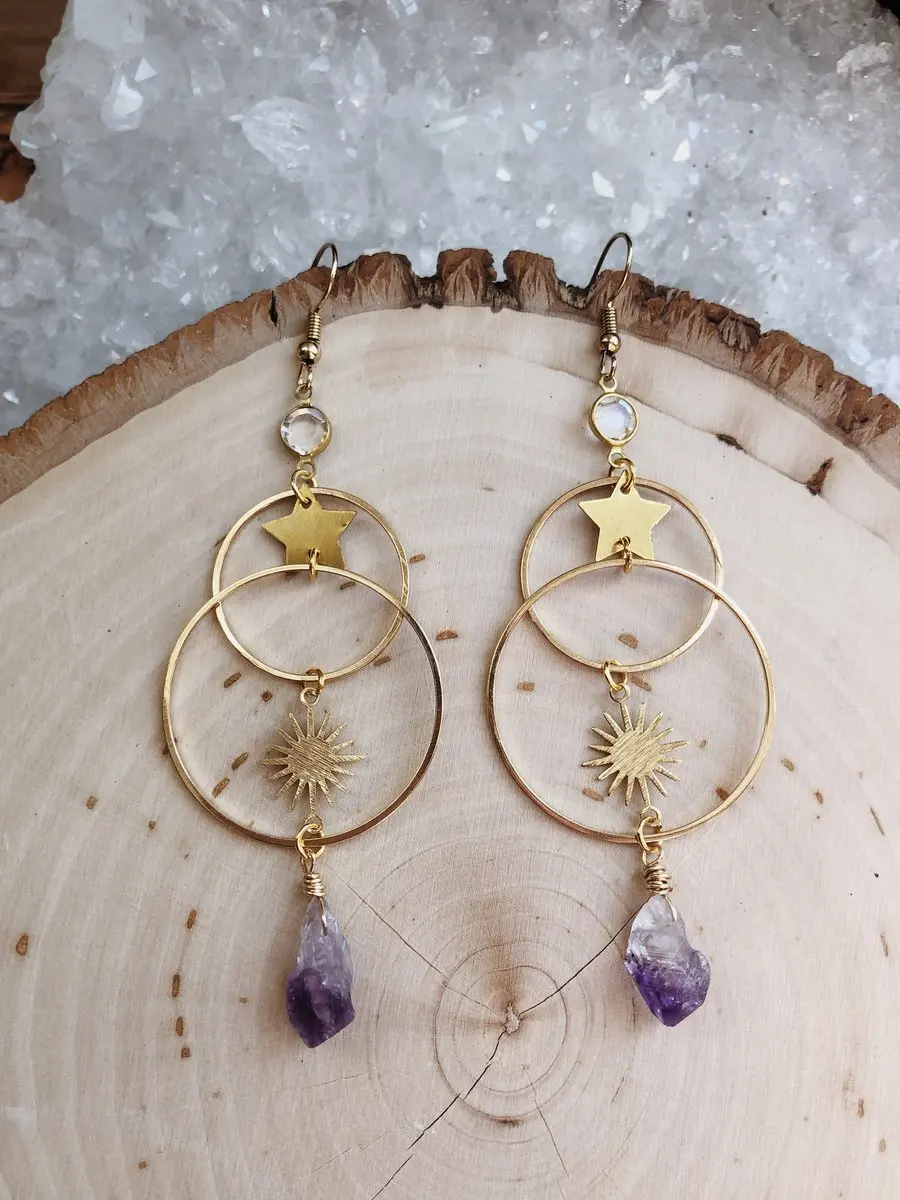 

Sun Star Celestial Earrings Amethyst Statement Dangle Earrings,witchy Gift for Her