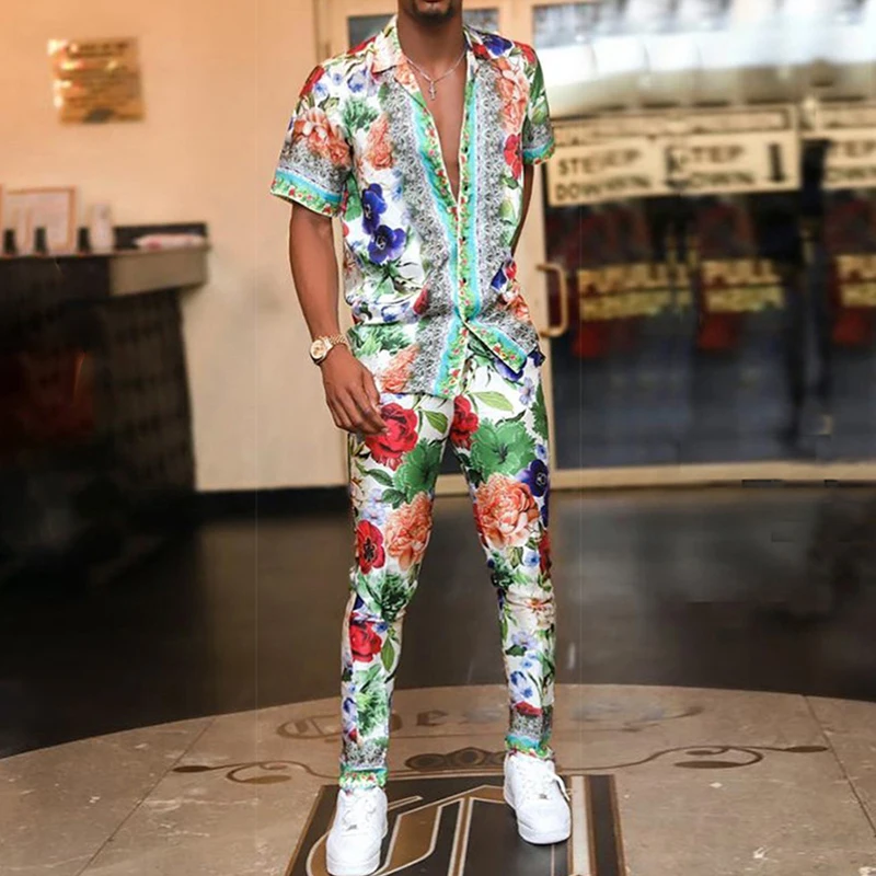 

Мужской повседневный комплект из рубашки с коротким рукавом и длинных брюк