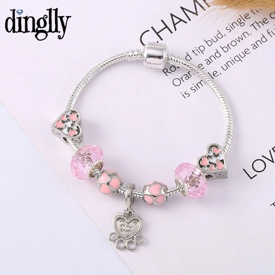 

Dinglly Pink Heart Beads Bear Paw Pendant Charm Bracelets For Women Girls Original Crystal Beaded Bracelet Child Kids Bangle