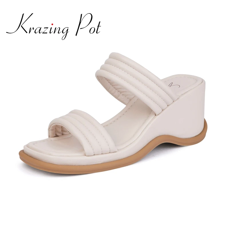 

Krazing Pot genuine leather high heels slope heel solid thick bottom young lady daily wear handmade slip on women sandals L89