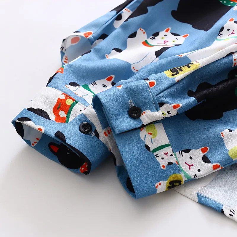 

Women Cartoon Printed Blouses Blue Casual Loose Breathable Long Sleeve Shirt Girls Lapel Top