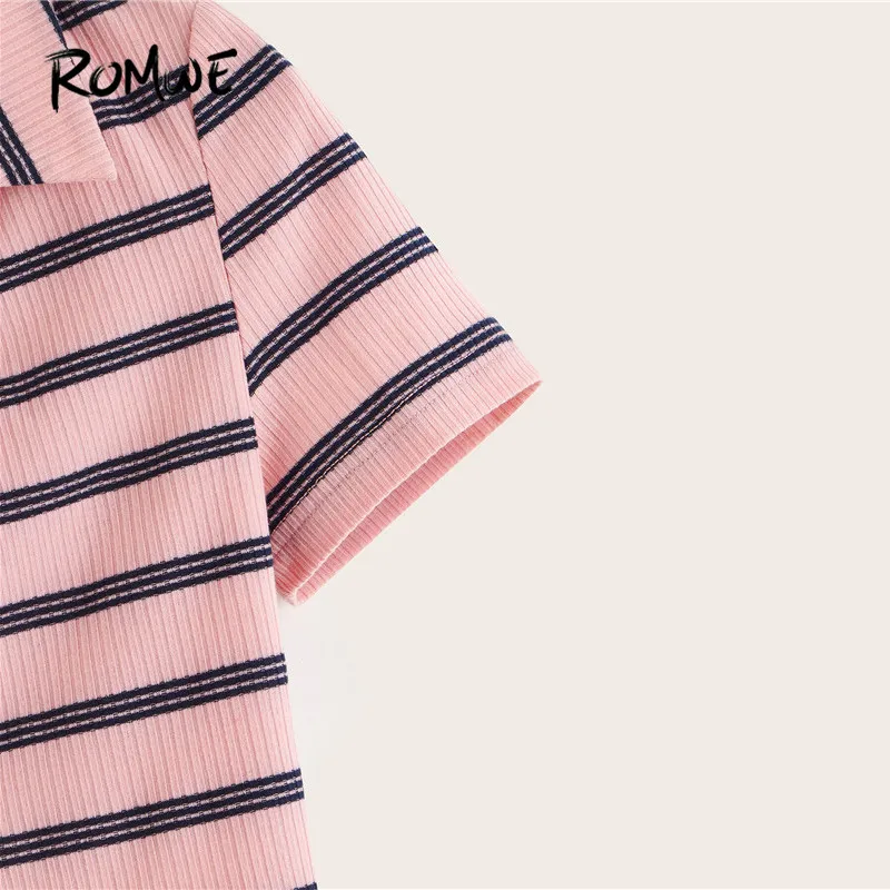 Romwe Sport Collared футболка в полоску с v-образным вырезом, женская летняя укороченная футболка с короткими рукавами, спортивные топы для бега, облегающая спортивная одежда