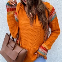 autumn folk fashion hooded v neck long sleeved striped knitted sweater casual pullover 2021 new womens pullover hoodie knitwear