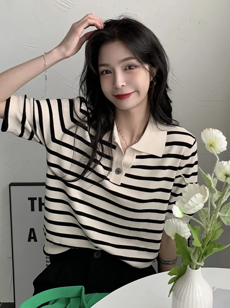 Женская летняя футболка поло в полоску новинка 2021 тонкий вязаный Свободный Топ