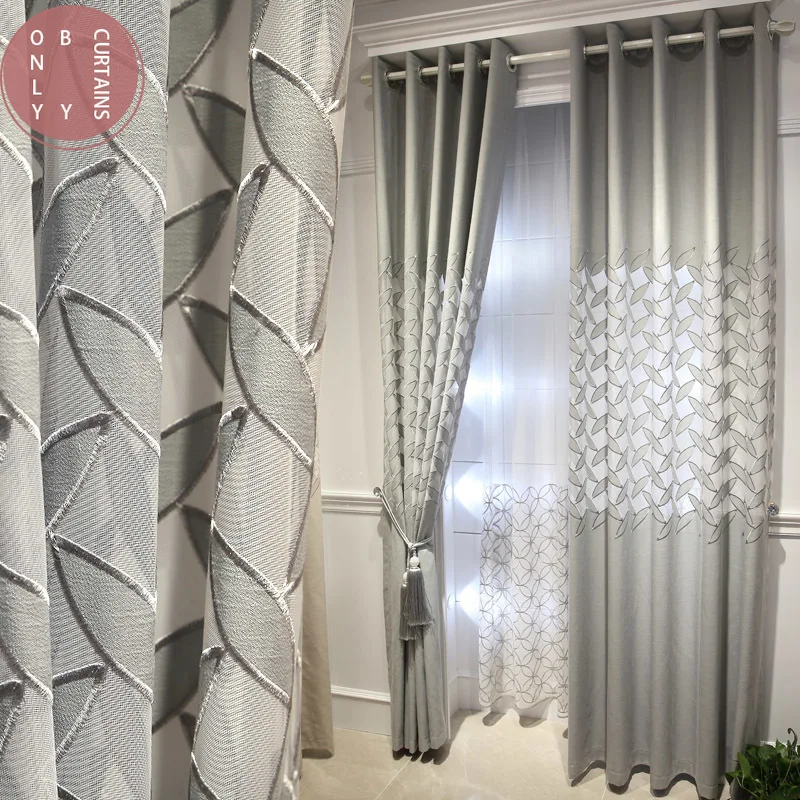 

2022Luxury Grey Embroidered Leaves Curtain for Living Room Semi-Blackout Gray Hollow Window Drapes for Bedroom