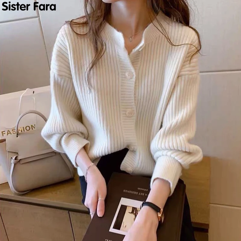 

Женский однобортный трикотажный кардиган Sister Fara, однотонное пальто с О-образным вырезом и длинным рукавом для офиса на весну и осень, 2021