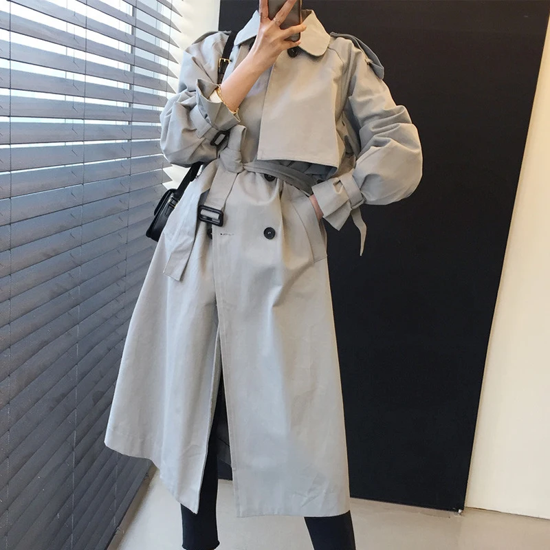 

Женский двубортный Тренч с отложным воротником, Серый свободный Тренч средней длины с поясом и длинными рукавами, винтажная ветровка, осень