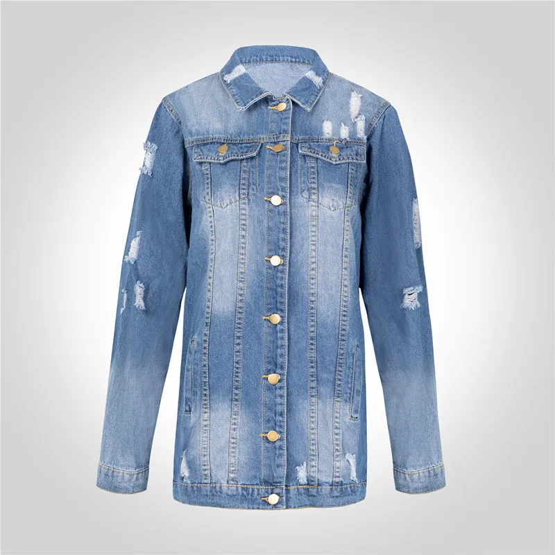 

Autumn Women Harajuku Frayed Spliced Plus Size Dark Blue Holes Jeans Jacket Trench Long Sleeve Boyfriend Denim Coat Streetwear