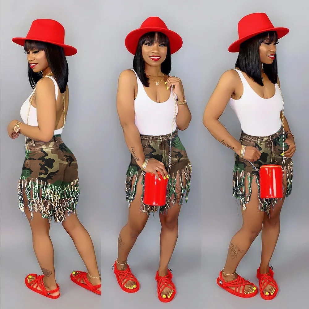 

Европейские и американские летние женские шорты с бахромой и начесом с камуфляжным принтом женские повседневные Прямые брюки