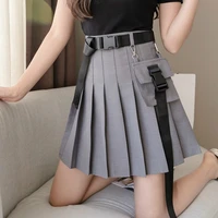 solid pleated women mini skirt with belt pockets female short skirts japanese streetwear casual ladies bottoms