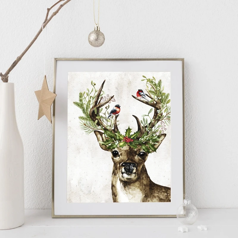 

Woodland Animal Deer Print Winter Holly Berries Christmas Holiday Wall Decoration Poster Room Decorati Wall Art Canvas Painting