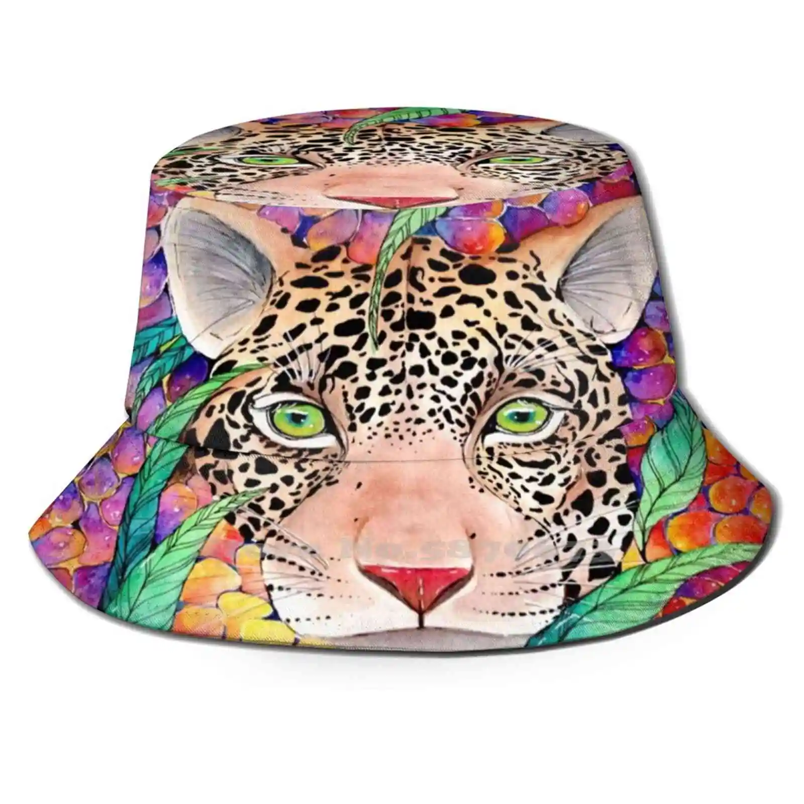 

Jaguar Foldable Panama Bucket Hat Cap Watercolor Animal Nature Ilustration Flower Leaf Color Green Danielamejia Daniela