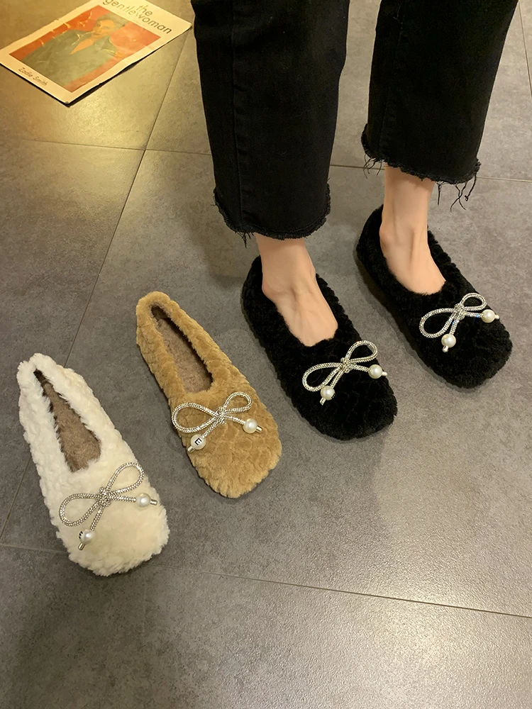 

Women Shoes Autumn Casual Female Sneakers Round Toe Flats Modis Bow-Knot Shallow Mouth All-Match Loafers Fur Fall Dress 2020