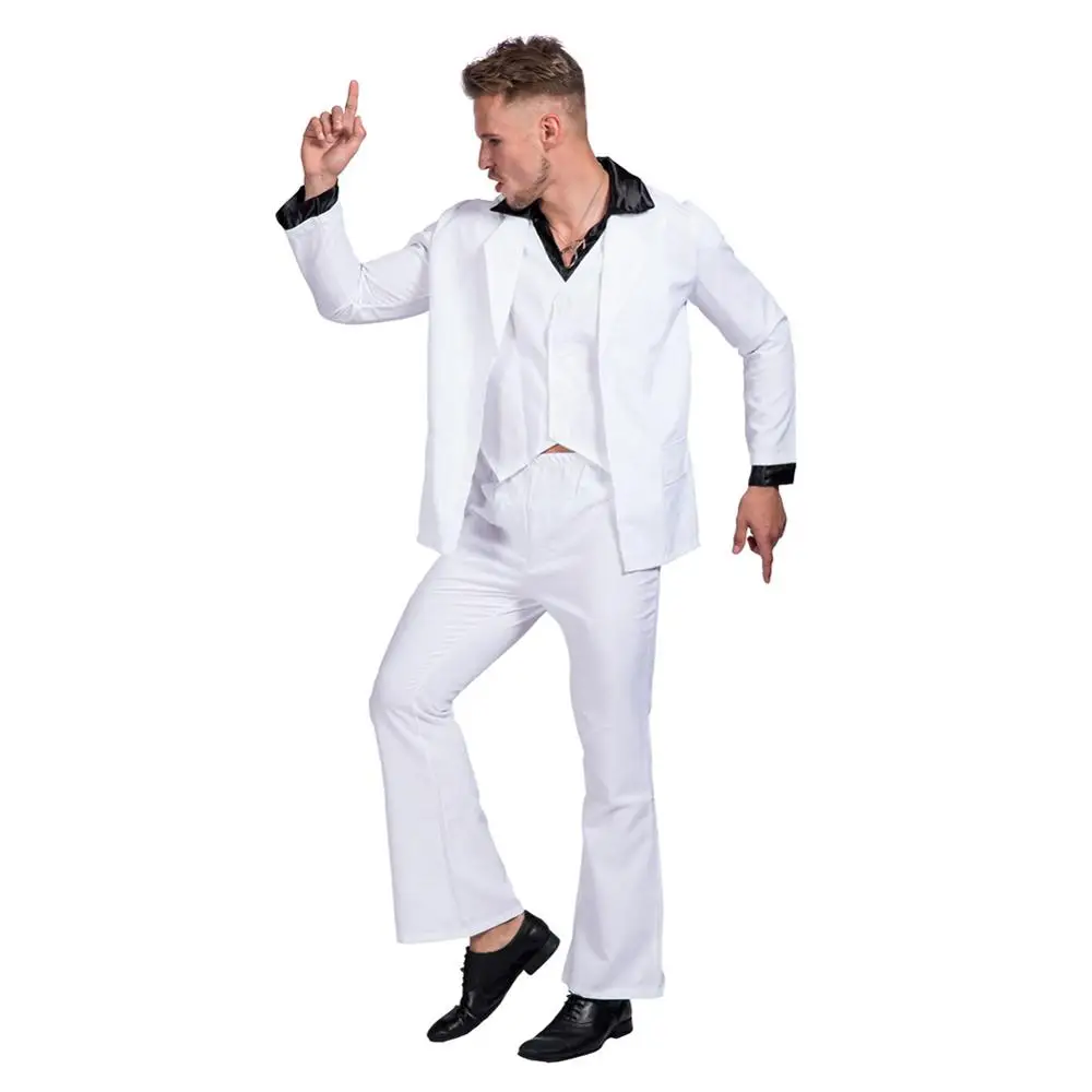 

Ретро диско костюм для ролевых игр лихорадка танцор Stagewear клеш Маскарад белый костюм на Хэллоуин карнавальный костюм