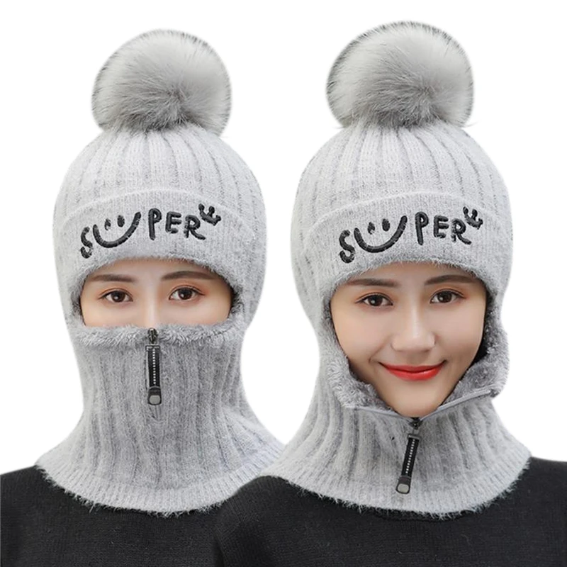 

New Winter Warm Knitted Hat Rabbit Hair Plush Cap One-piece Zipper Protective Face-Neck Hat Autumn Spring Beanies Caps Gorras
