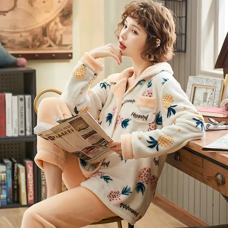 Женские Фланелевые Пижамные комплекты толстые теплые зимние пижамные с длинными