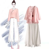 traditional chinese women tops retro casual solid linen tea set breathable tai chi hanfu full sleeve buckle trousers