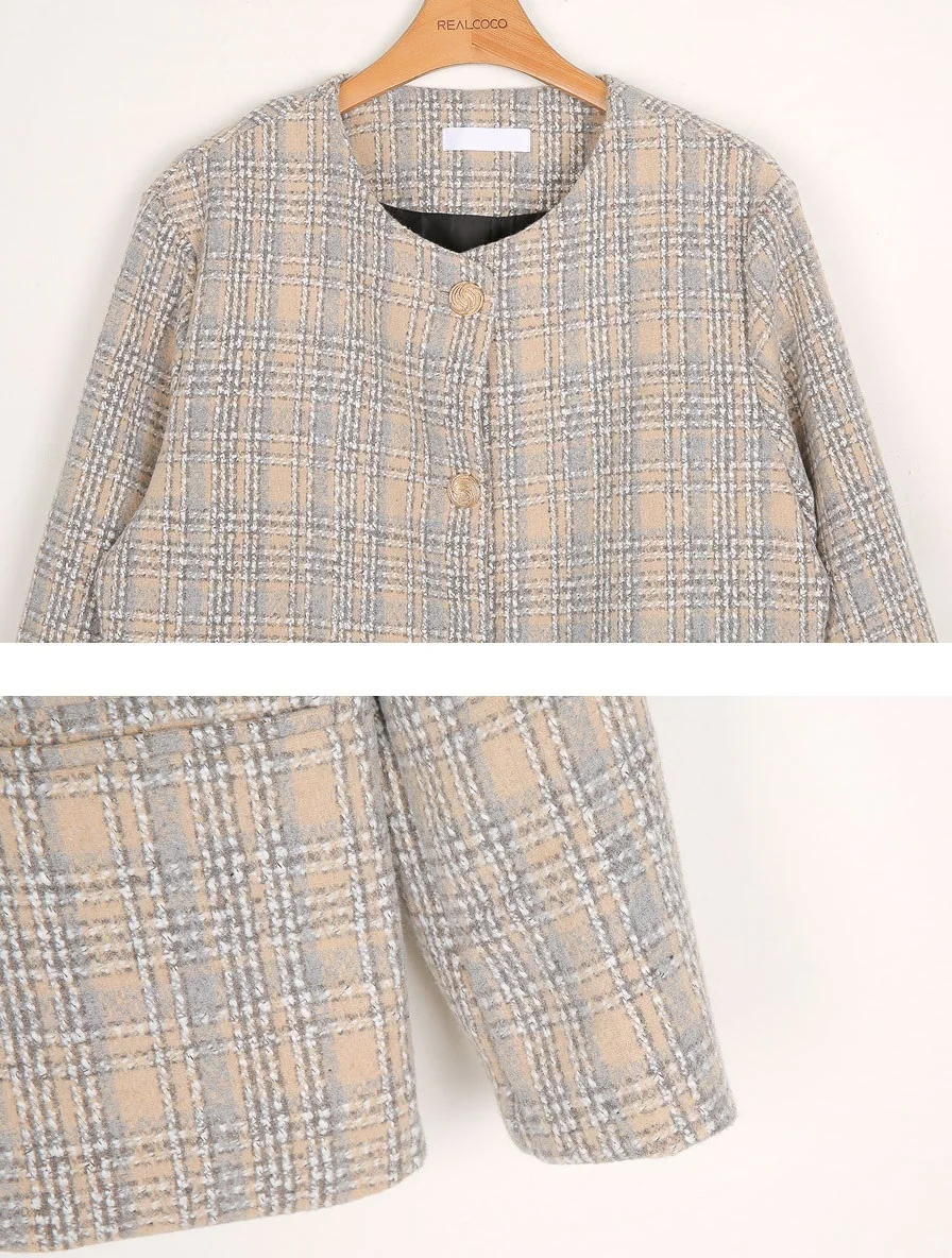 

CBAFU korea loose jacket tweed woolen women coat long sleeve o neck single breasted plaid outwears autumn winter clothes F997