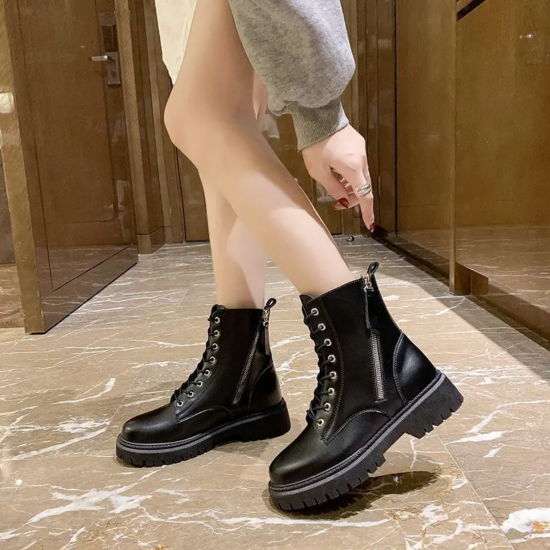 

Plush Warm Women Ankle Boots Platform Round Toe 5cm Heel Lace Up and Zip Fashion Shoes for Woman Botas Mujer Shoes for Women