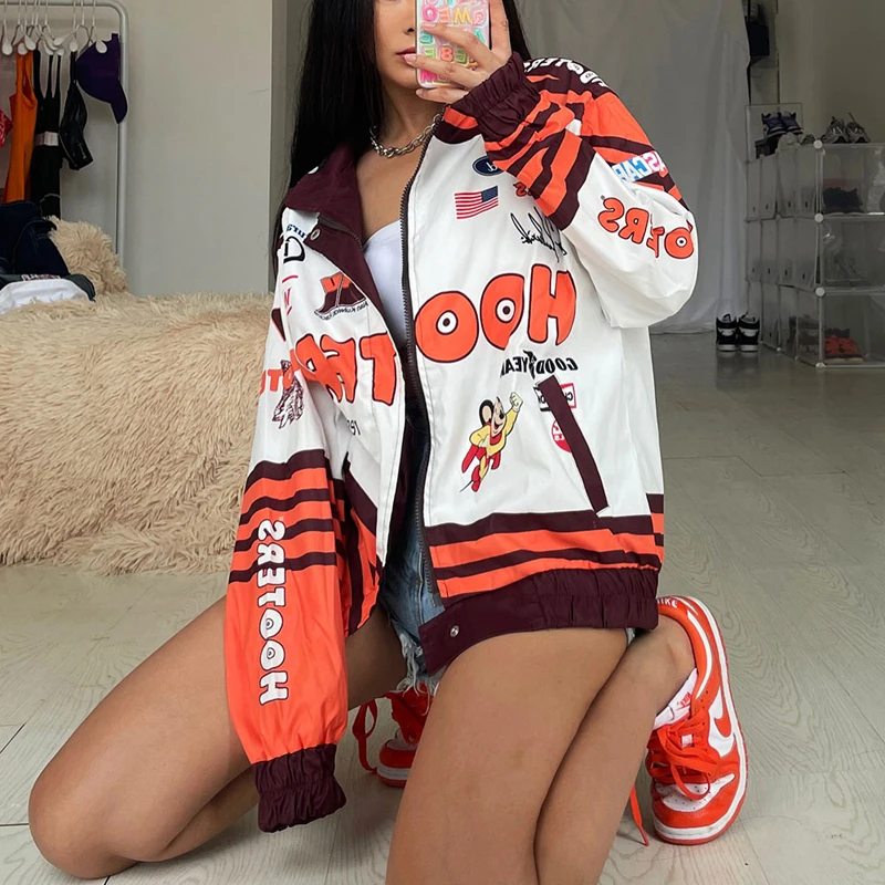 

Orange Letter Women Casual Printed Jacket Colorblock Jacket Long Sleeve Oversized Jacket Sport Style Women's bomber jacket coat