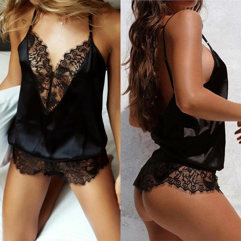 

Women Sexy Lace Lingerie G-string Babydoll Halter Cozy Sleepwear Nightwear Bodysuit Plain Plus Size