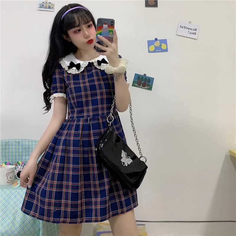 

Japanese Summer College Lolita Style Short Sleeve Dress Vintage Mori Sweet Lace Splice Peter Pan Collar Girl Cute Bow Doll Dress