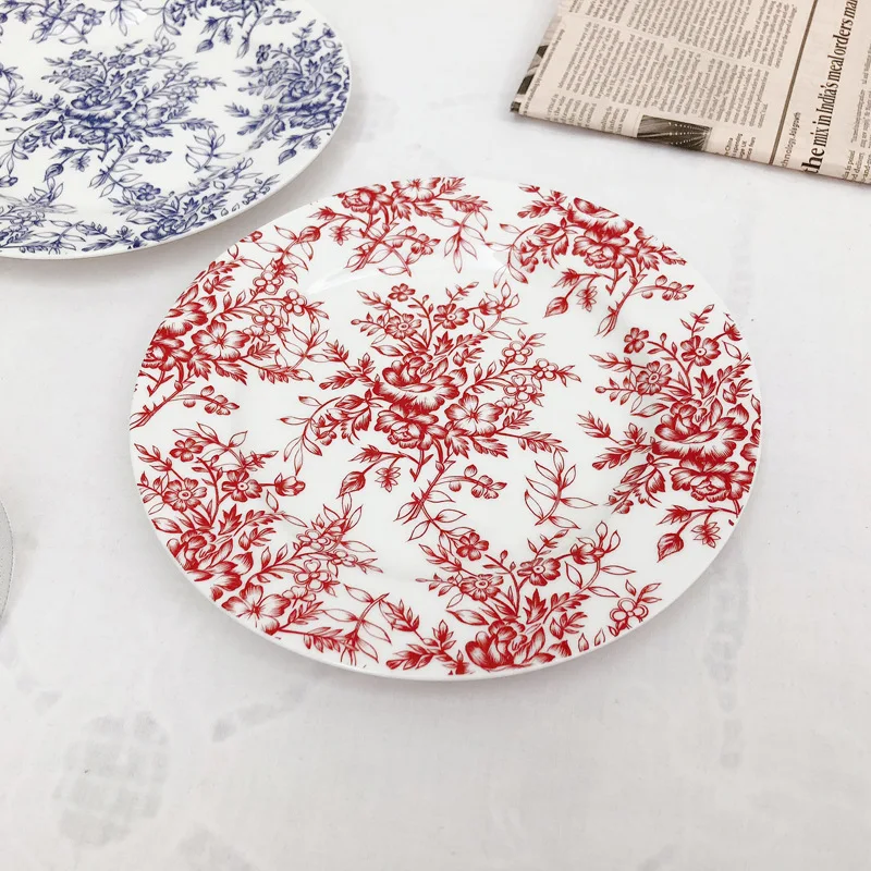 Тарелка керамическая в стиле ретро для еды блюдо с цветами и синими домашний