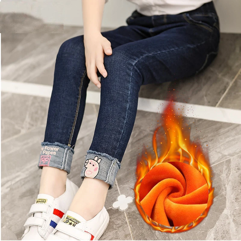 

Baby Girls Winter Jeans Children Thick Plus Velvet Cartoon Denim Pants Kids Soft Cotton Warm Trousers for 3-8 Ages
