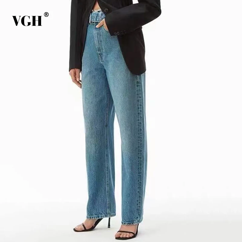 

VGH лоскутное металлической пряжкой пояса джинсовые брюки для женщин, с высокой талией, повседневные Прямые женские джинсы в Корейском стиле...