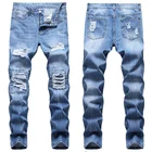 Джинсы мужские рваные в ковбойском стиле, модные светильник нные брюки из денима светло-голубого цвета с потертостями, Повседневная Уличная одежда, JB924