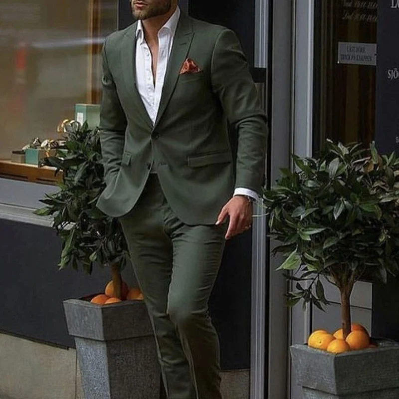 Casual Stylish 2 Pieces (Jacket+Pants) Dark Green Men Suit Slim Fit Groom Tuxedo Fashion Custom Wedding Suits Prom Blazer